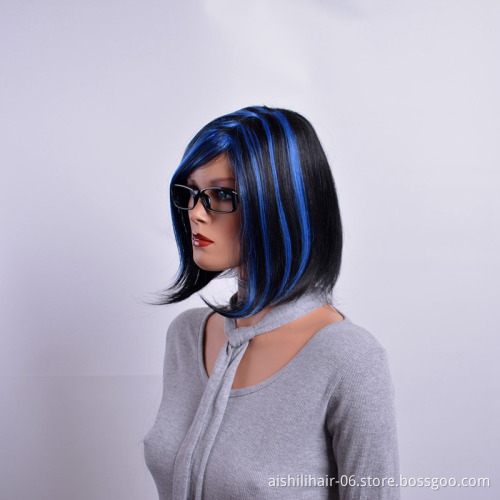 Wholesale heat resistant synthetic blue and brown short bob wigs natural straight hair wig for women
